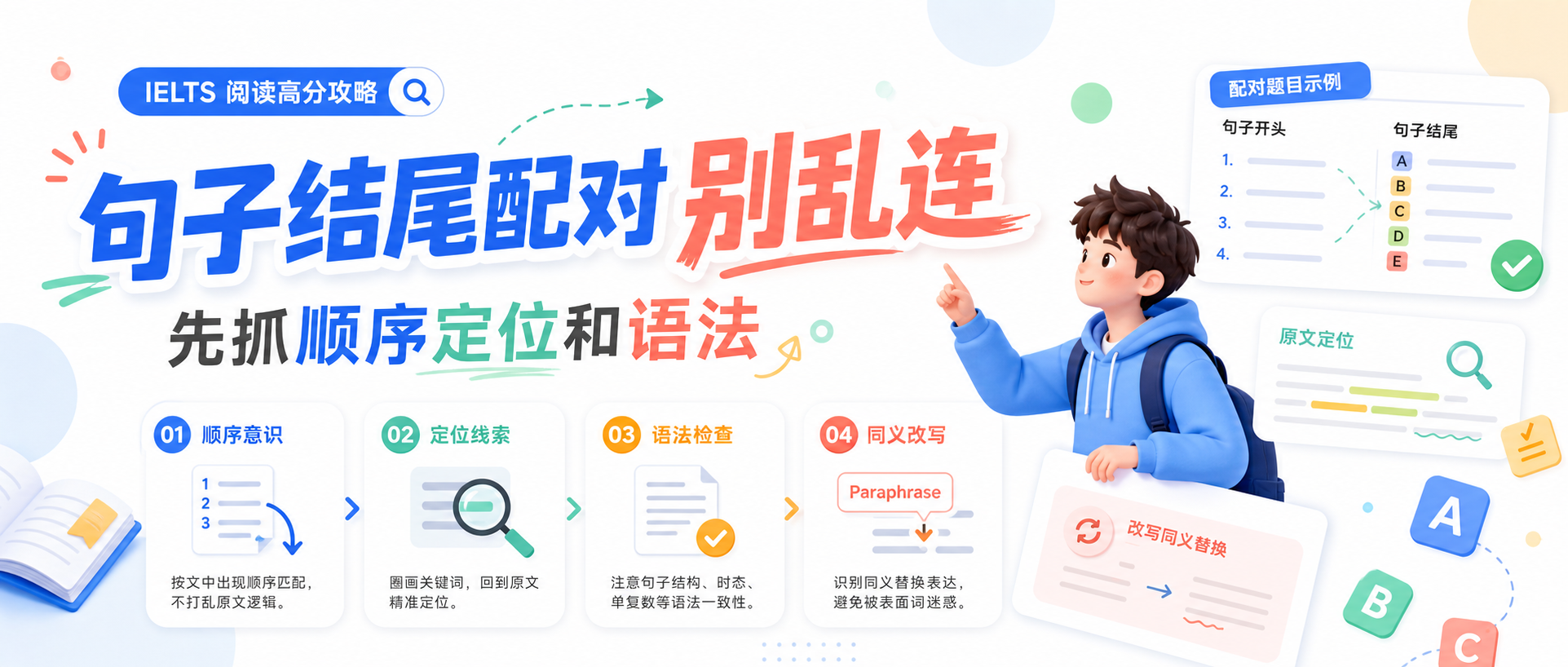 雅思阅读句子结尾配对老错先抓顺序定位和语法别被改写带着乱跑了